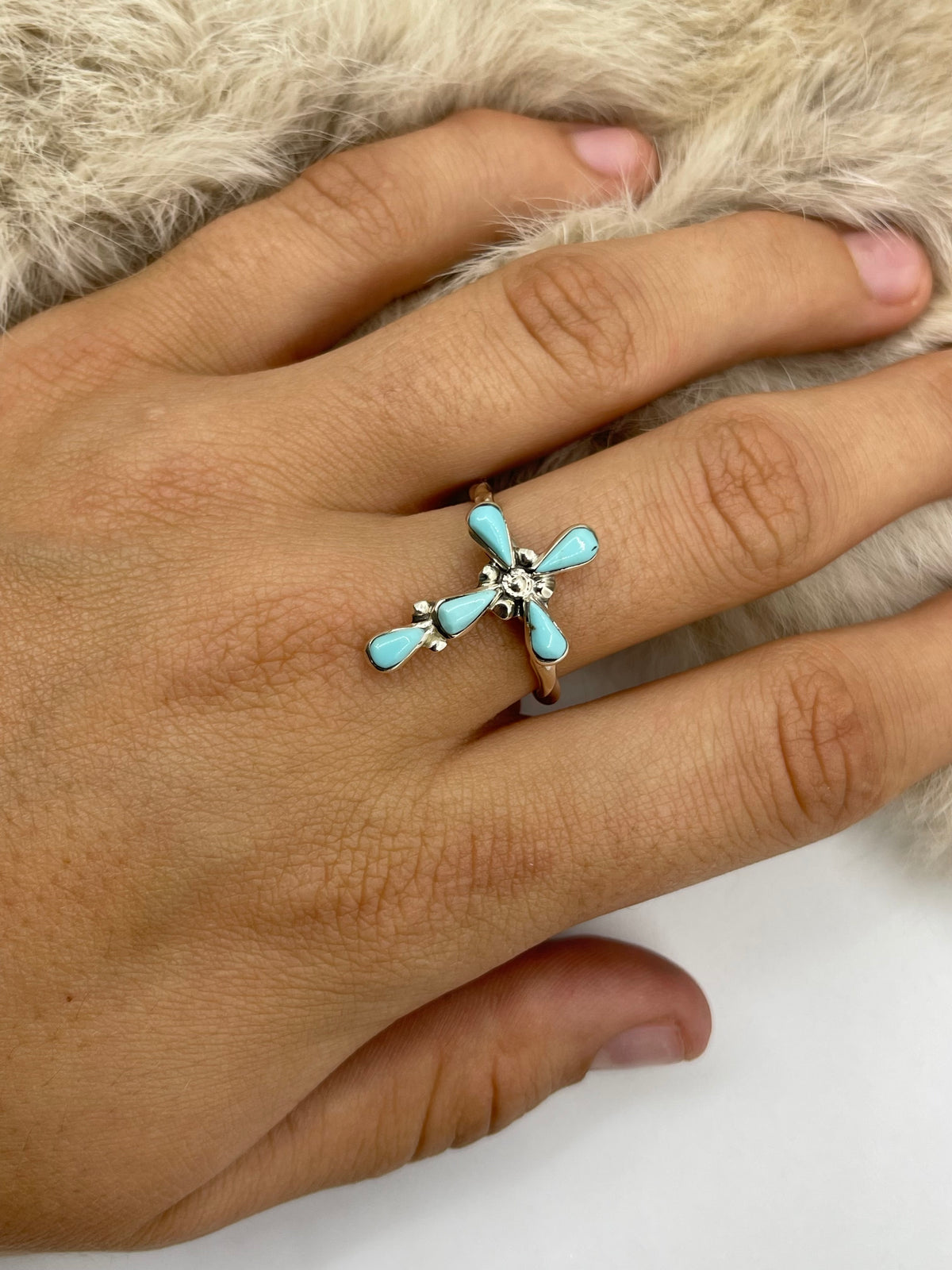 9.0 Cross Ring with Twisted Wire Band by Bryce Vacit, Zuni