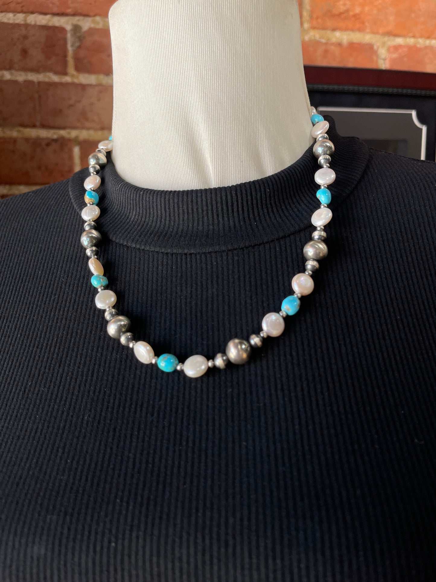 20" 10mm Navajo Style Pearls, Turquoise & Freshwater Pearls Necklace