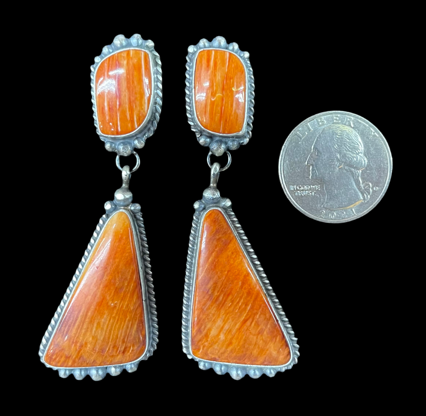 Orange Spiny Oyster Shell 2-Stone Post Dangle Earrings by Elouise Kee, Navajo