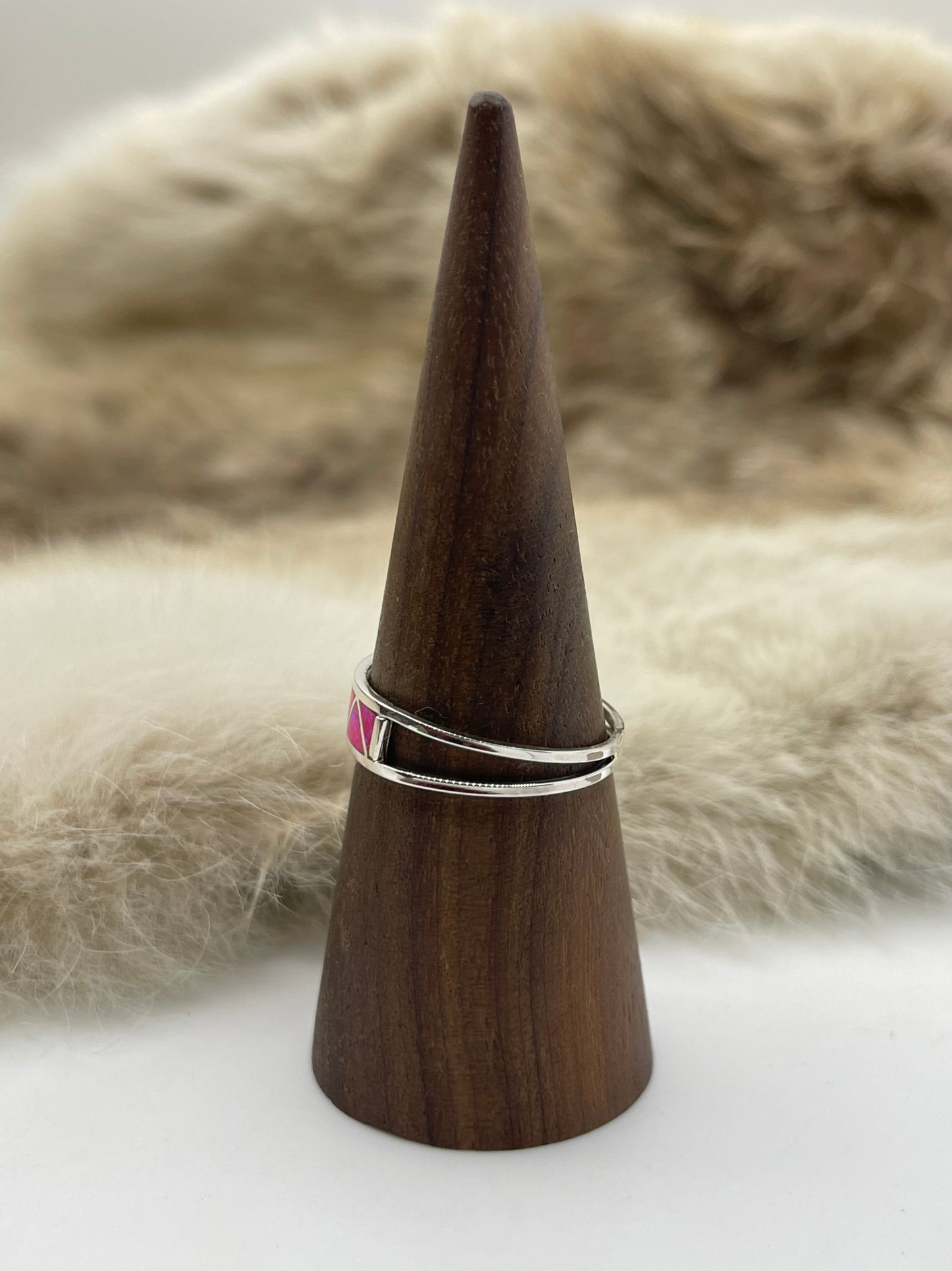 10.5 Hot Pink Opal Zigzag Inlay Band by Joann Peinas, Zuni