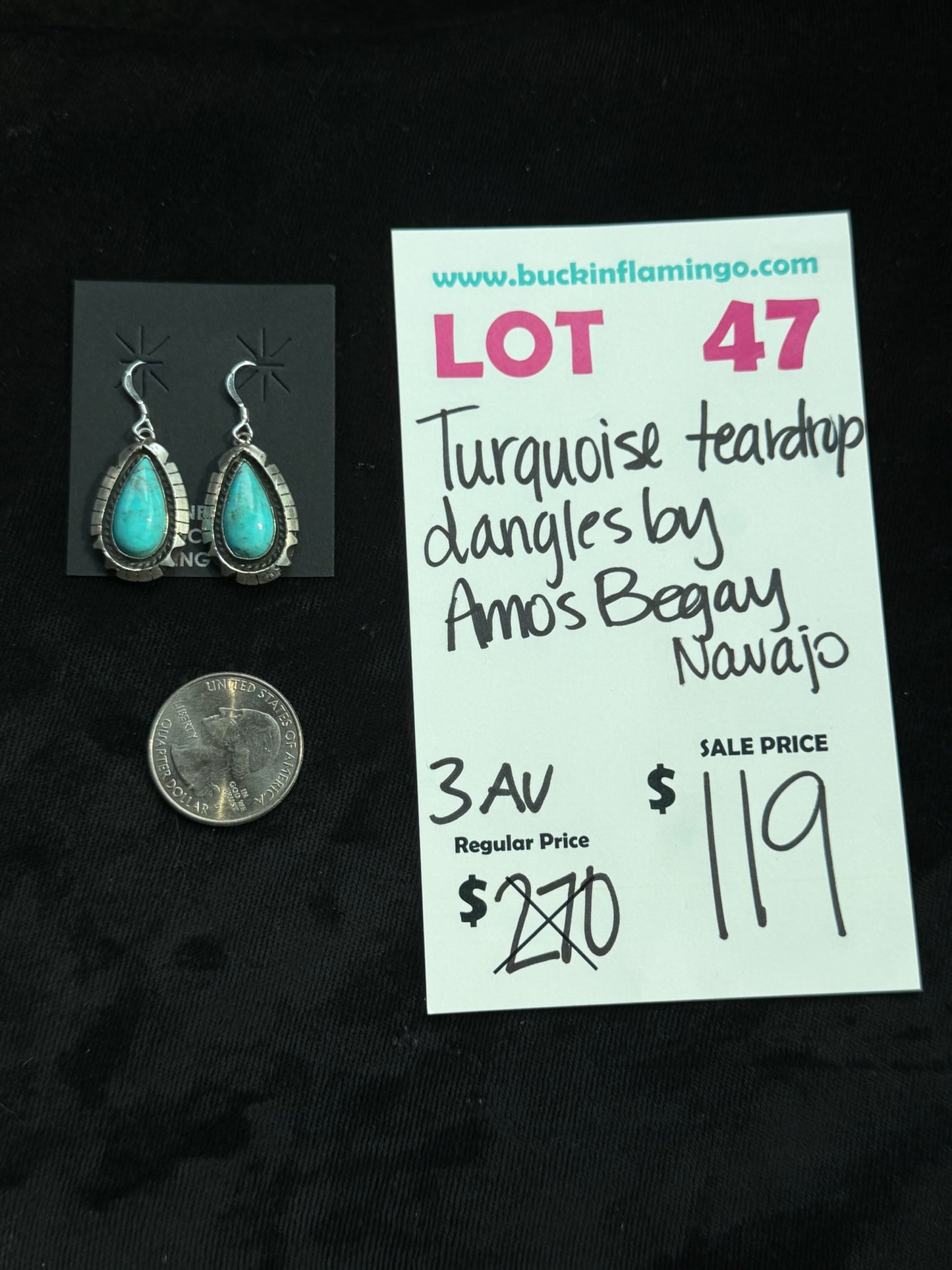 LOT 47 8/9 Turquoise Teardrop Dangle by Amos Begay, Navajo