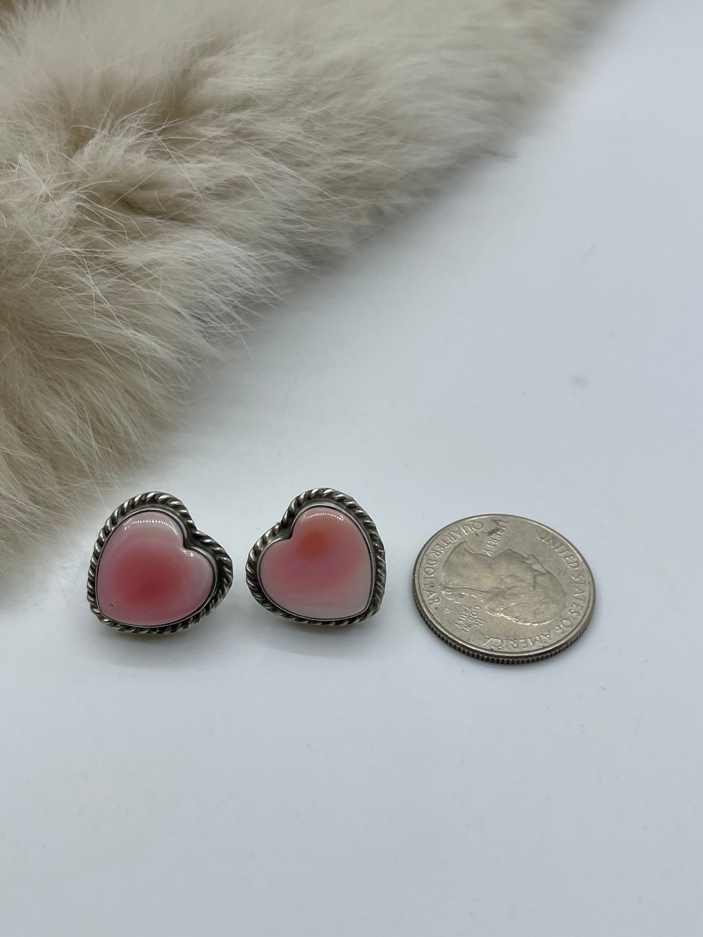 Pink Conch Shell Heart Post Earrings by Larson Chee, Navajo