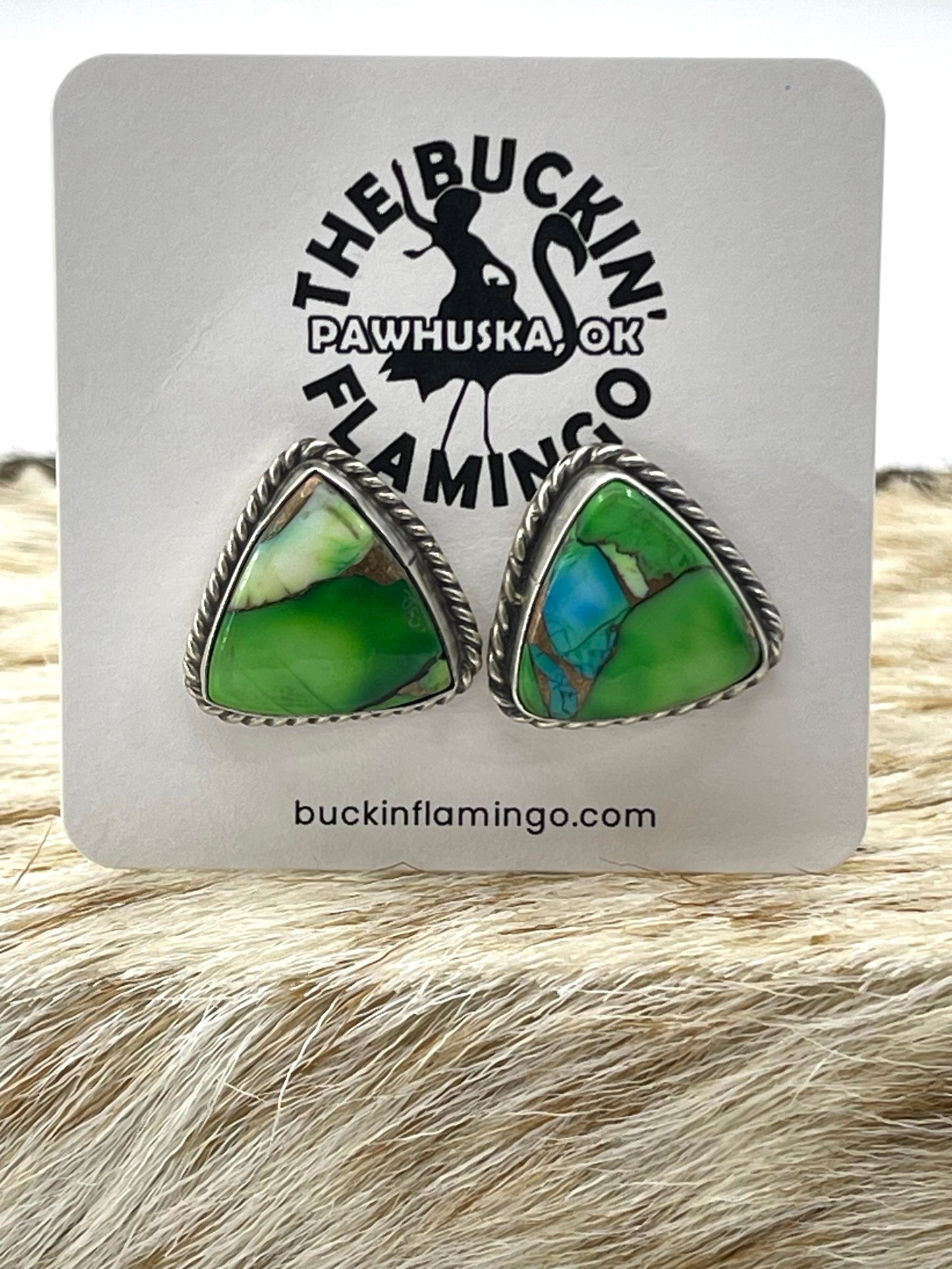 Peacock Dahlia Triangle Earrings by Chassity Belone, Navajo