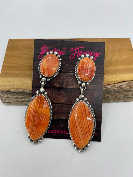3 1/2" 2 Stone Orange Spiny Oyster Shell Post Dangle Earrings by Elouise Kee, Navajo