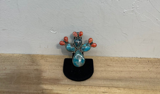 Campitos Turquoise & Spiny Oyster Shell Adjustable Cactus Ring by Calvin Delgarito, Navajo