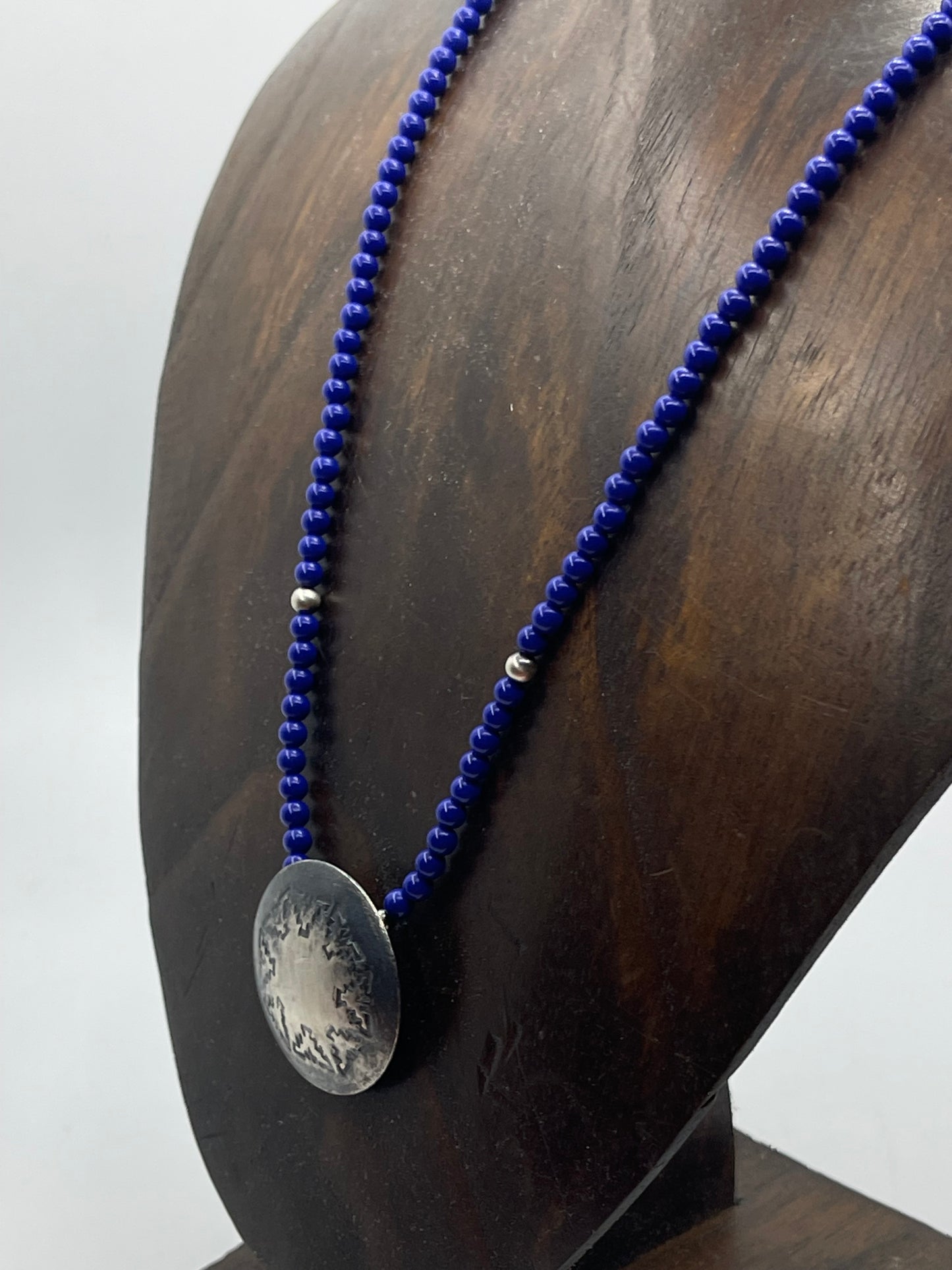 16" Blue Lapis Stamped Pillow Bead Necklace by Maryetta Kellywood, Navajo