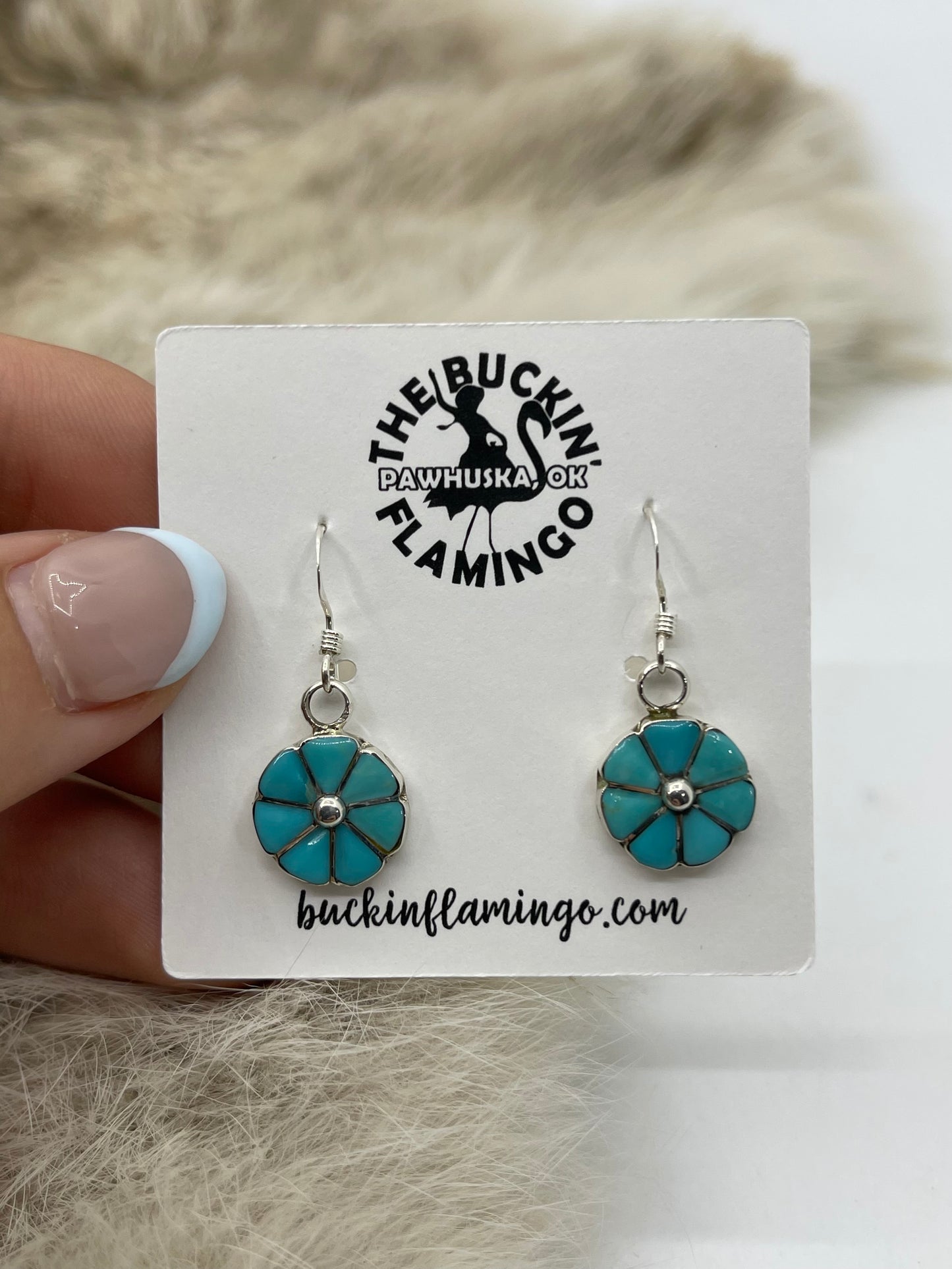 Turquoise Inlay Flower Dangle Earrings by Walter Lalio, Zuni