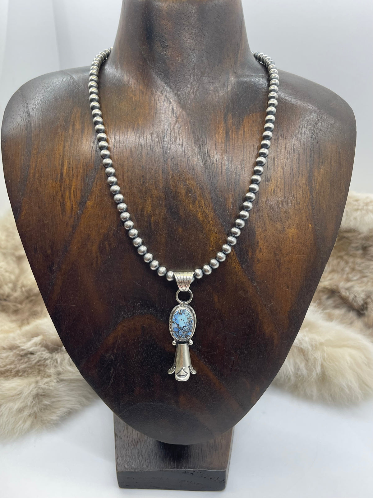 16" 5mm Navajo Style Pearls Golden Hills Turquoise Blossom Pendant by Sharon McCarthy, Navajo