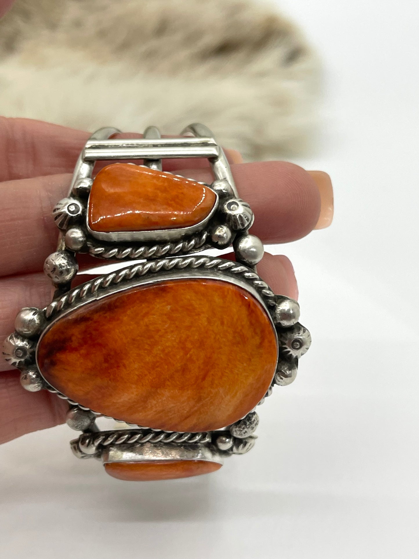 3 Stone Orange Spiny Oyster Cuff by Augustine Largo, Navajo