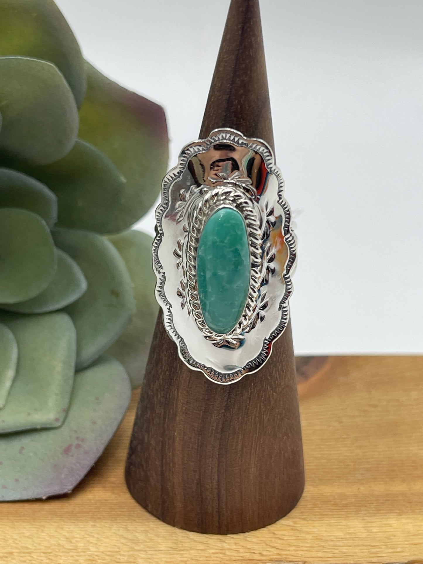7.0 Kingman Turquoise Concho Ring by Charlene Yazzie, Navajo