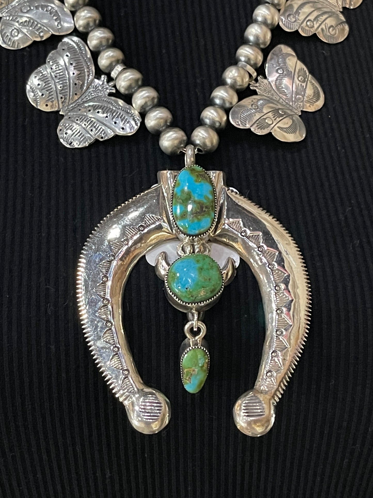 22"+3" Sonoran Gold Turquoise Naja and 8mm Navajo Pearls Necklace with Butterflies, Navajo