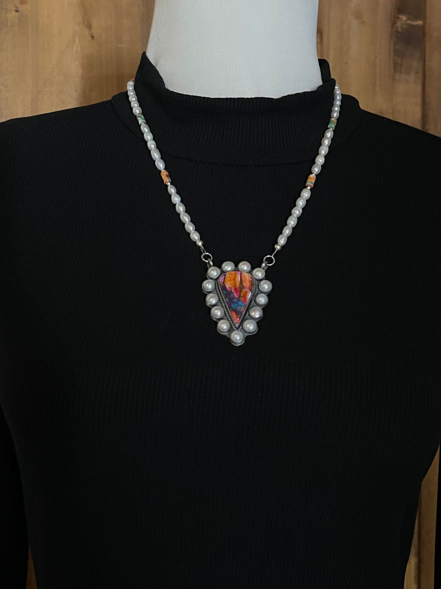 18" Pink Dahlia Necklace with Fresh Water Pearls by TT, Navajo