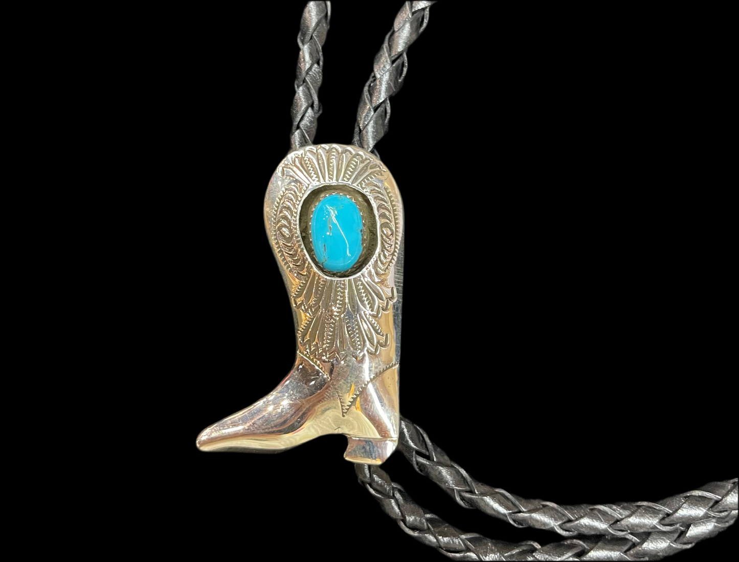 Sleeping Beauty Turquoise Cowboy Boot Bolo Tie by Shirley Skeets, Navajo