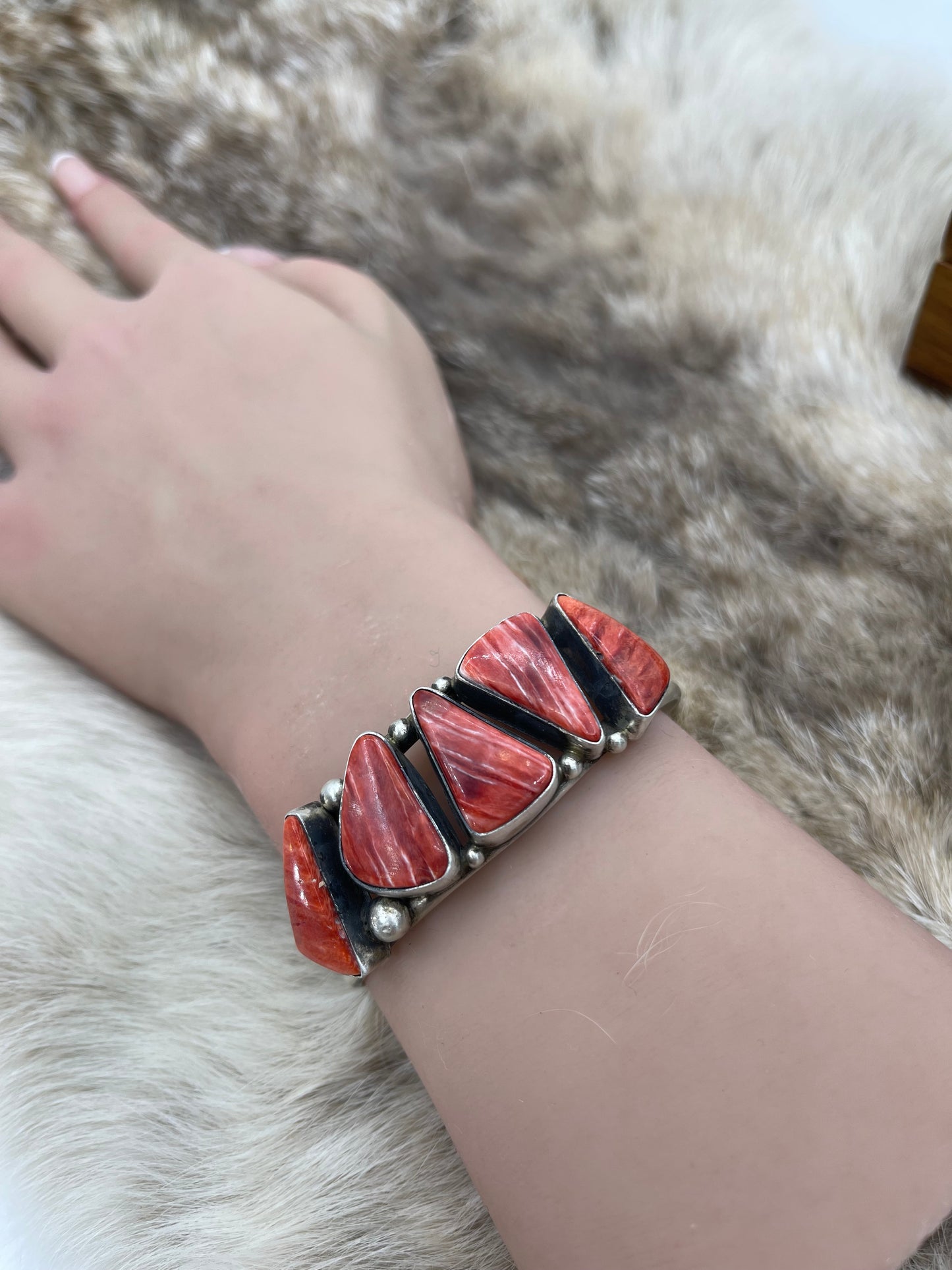 5 Stone Red Spiny Oyster Cuff by Augustine Largo, Navajo