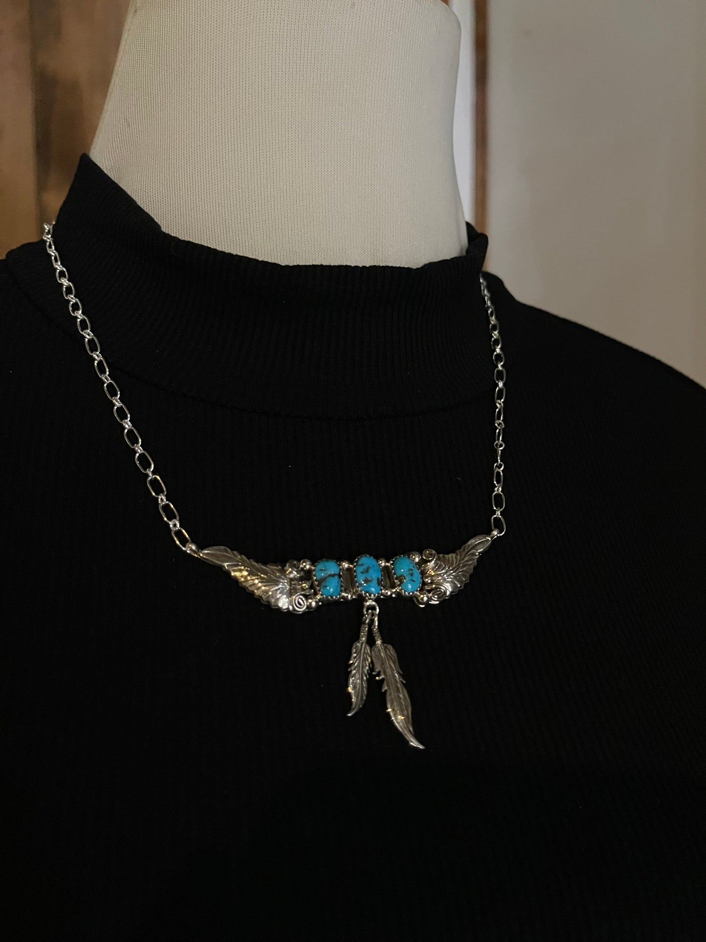 18" Feather Necklace with Kingman Turquoise by Sadie Jim, Navajo