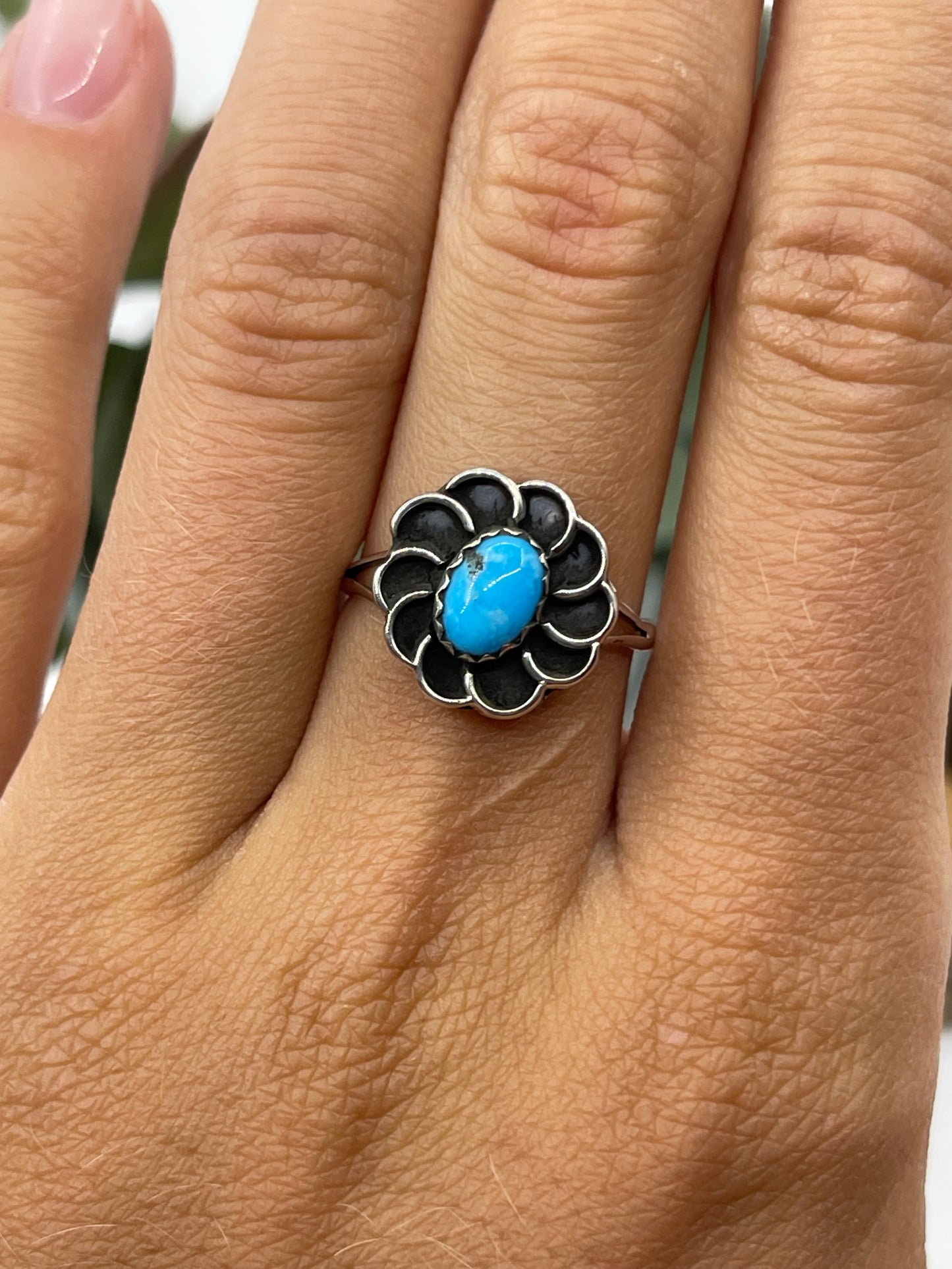 4.0 Turquoise Flower Style Ring by Sadie Jim, Navajo