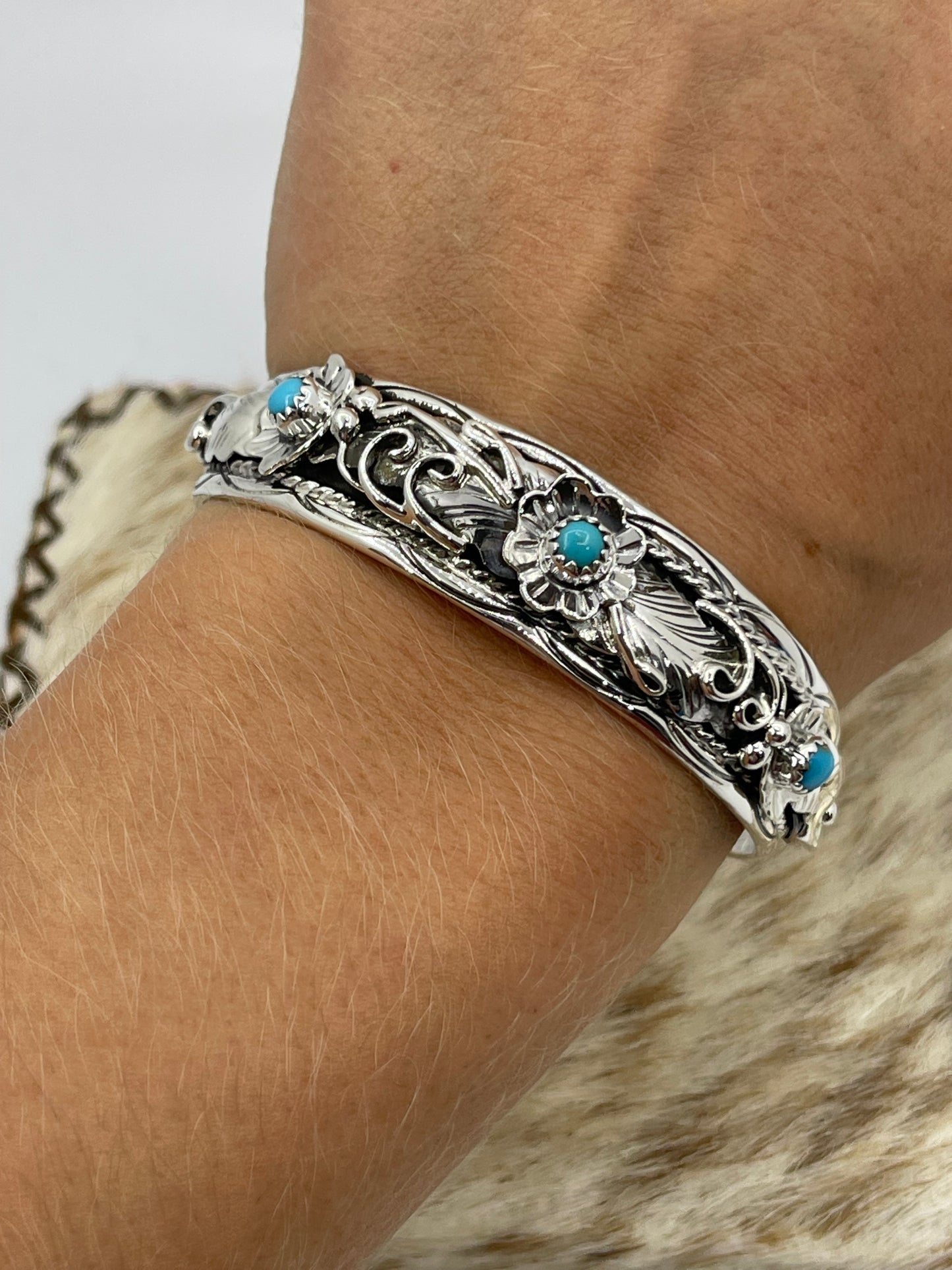 5 3/4"-7" Turquoise Floral Cuff by Bessie Joe, Navajo