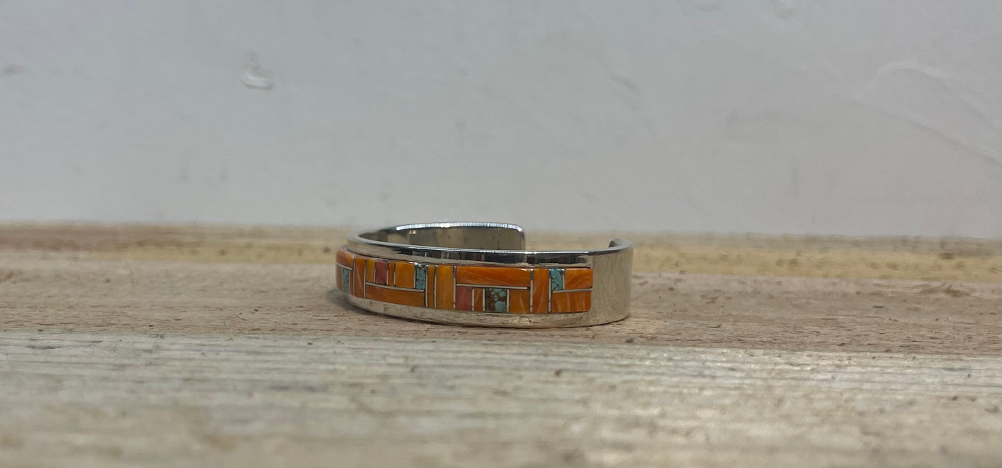 6" Turquoise and Spiny Oyster Shell Inlay Cuff by Marie Jackson, Navajo