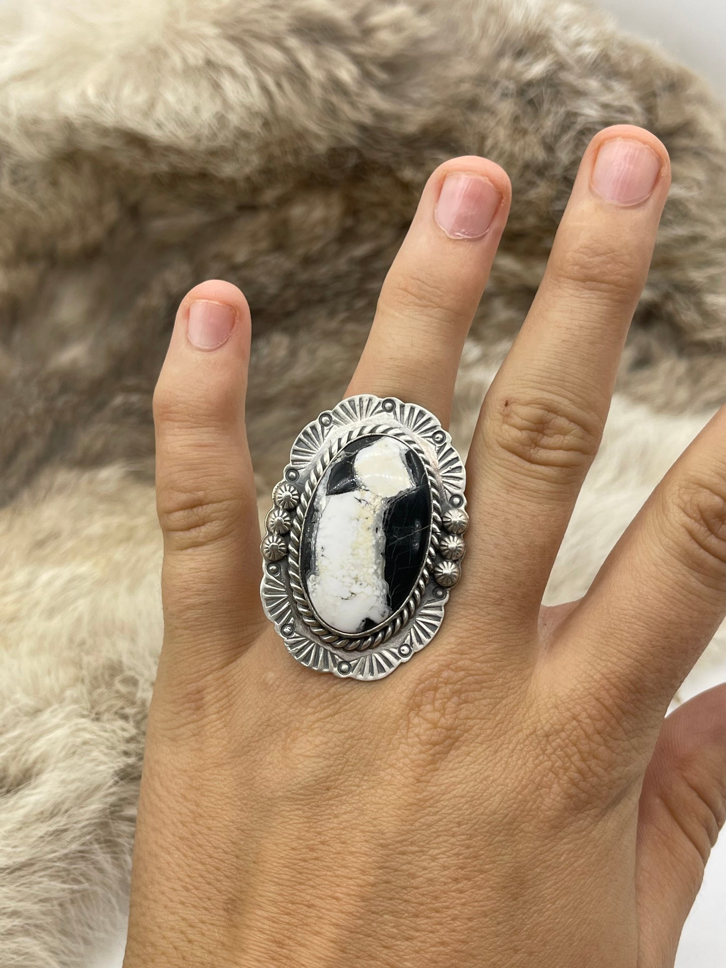 Adjustable 7.0-10.0 White Buffalo Ring with Stamped "L" by Artist