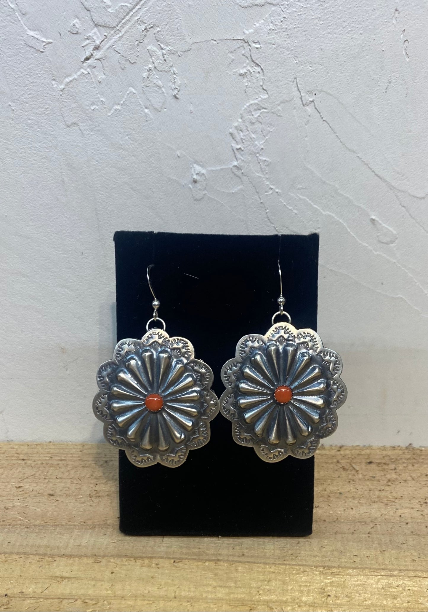 Hand Stamped Sterling Silver Concho with Coral Dangle Earrings by Rita Daye