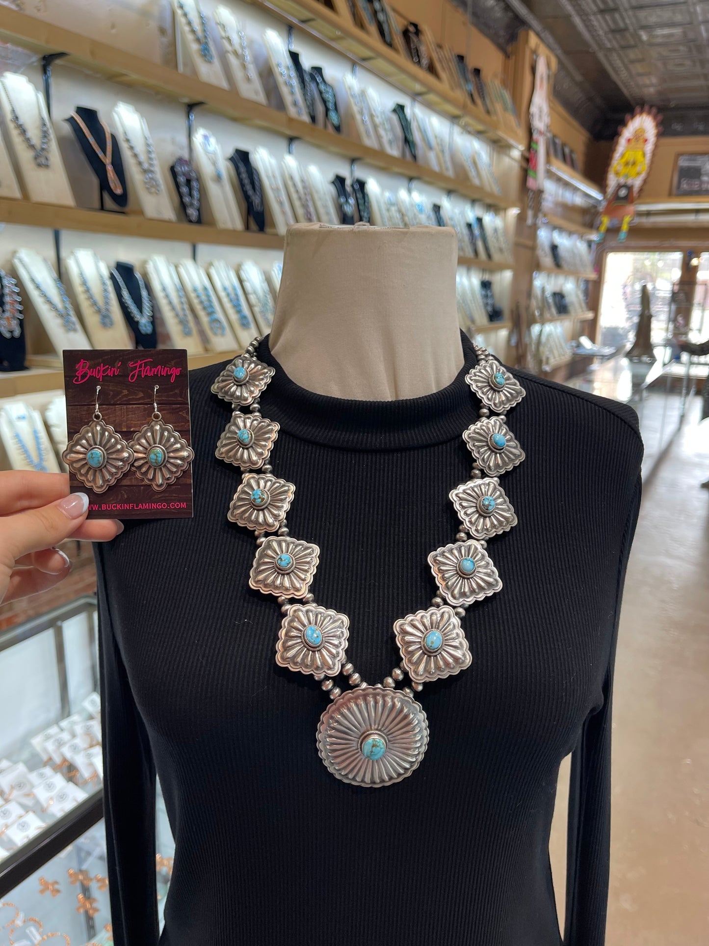 26" Concho Necklace with Turquoise & Earring Set by Tom Lewis, Navajo