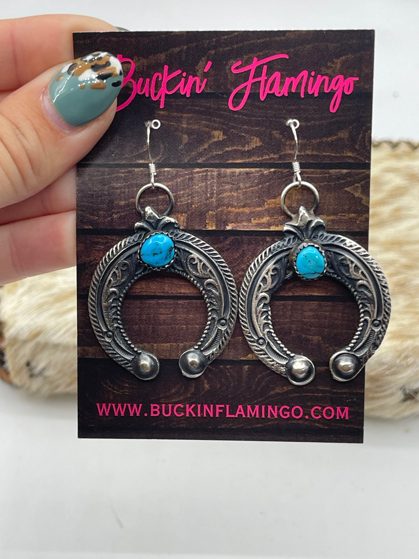 Tufa Cast Naja Turquoise Dangle Earrings by Eva and Linberg Billah, Navajo