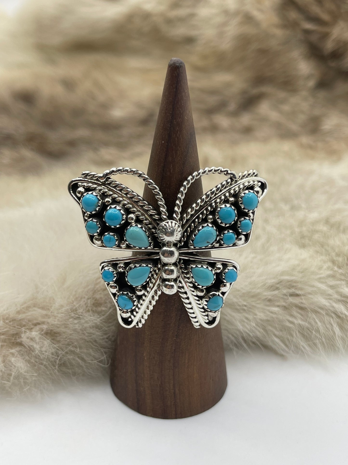 Adjustable 7.0 - 9.0 Turquoise Butterfly Ring by Tina Jones, Navajo