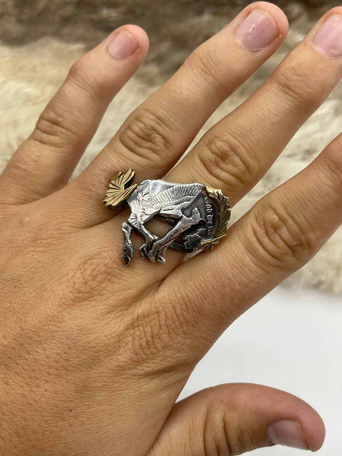 Adjustable 8.0-13.0 14k Gold Filled “In God We Trust” Bronc Riding Ring by Bad Bronc