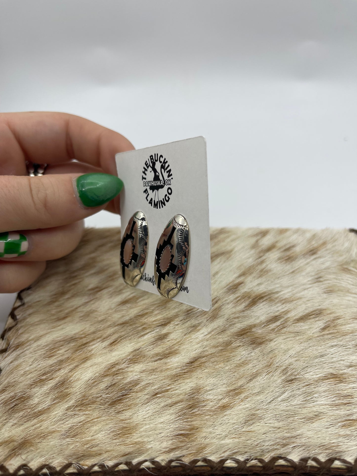 Oval Mother Of Pearl Shadowbox Post Earrings by Felix Perry, Navajo