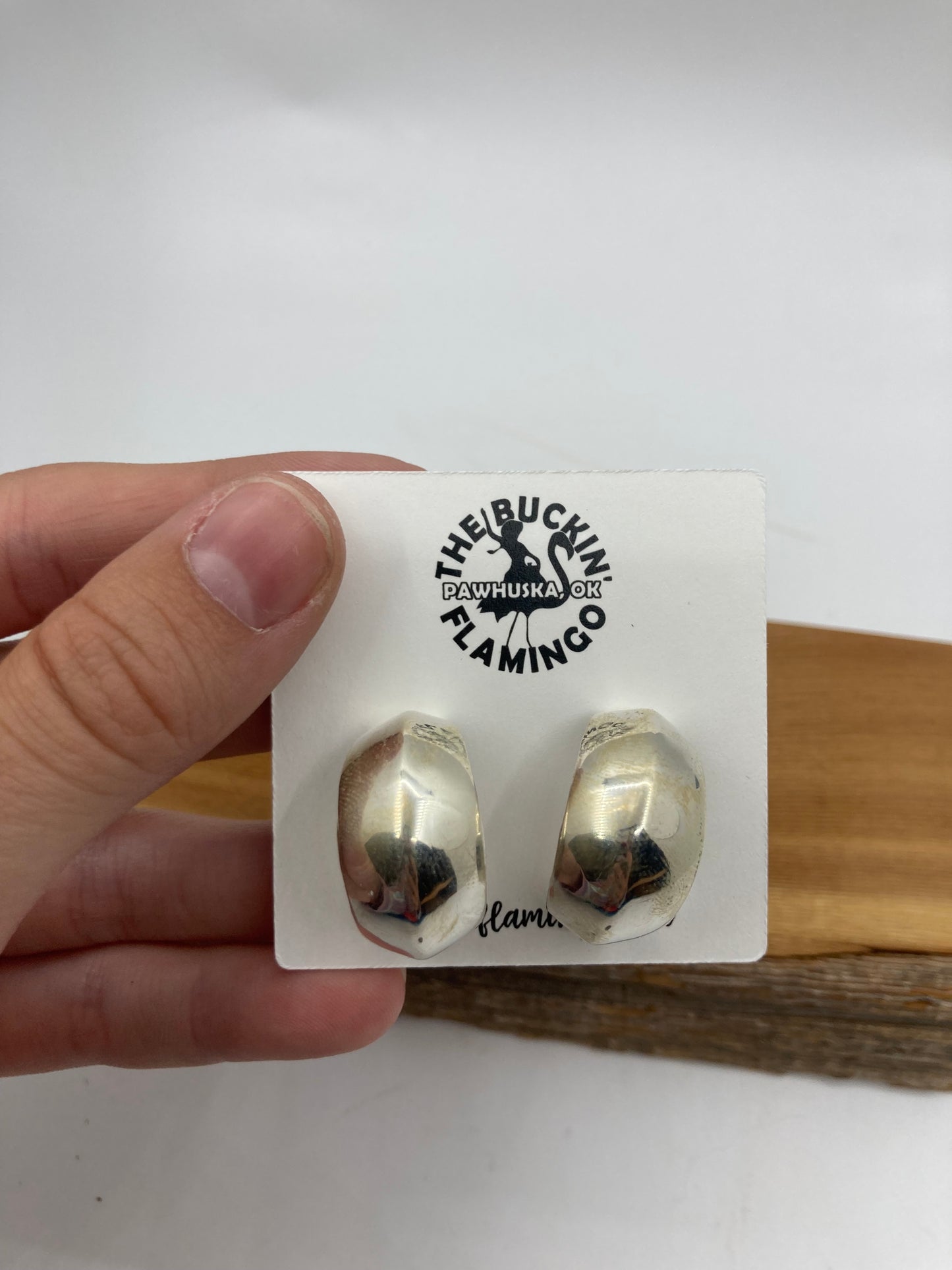 Wide Silver Half Hoop Post Earrings by Louise BigHand, Navajo