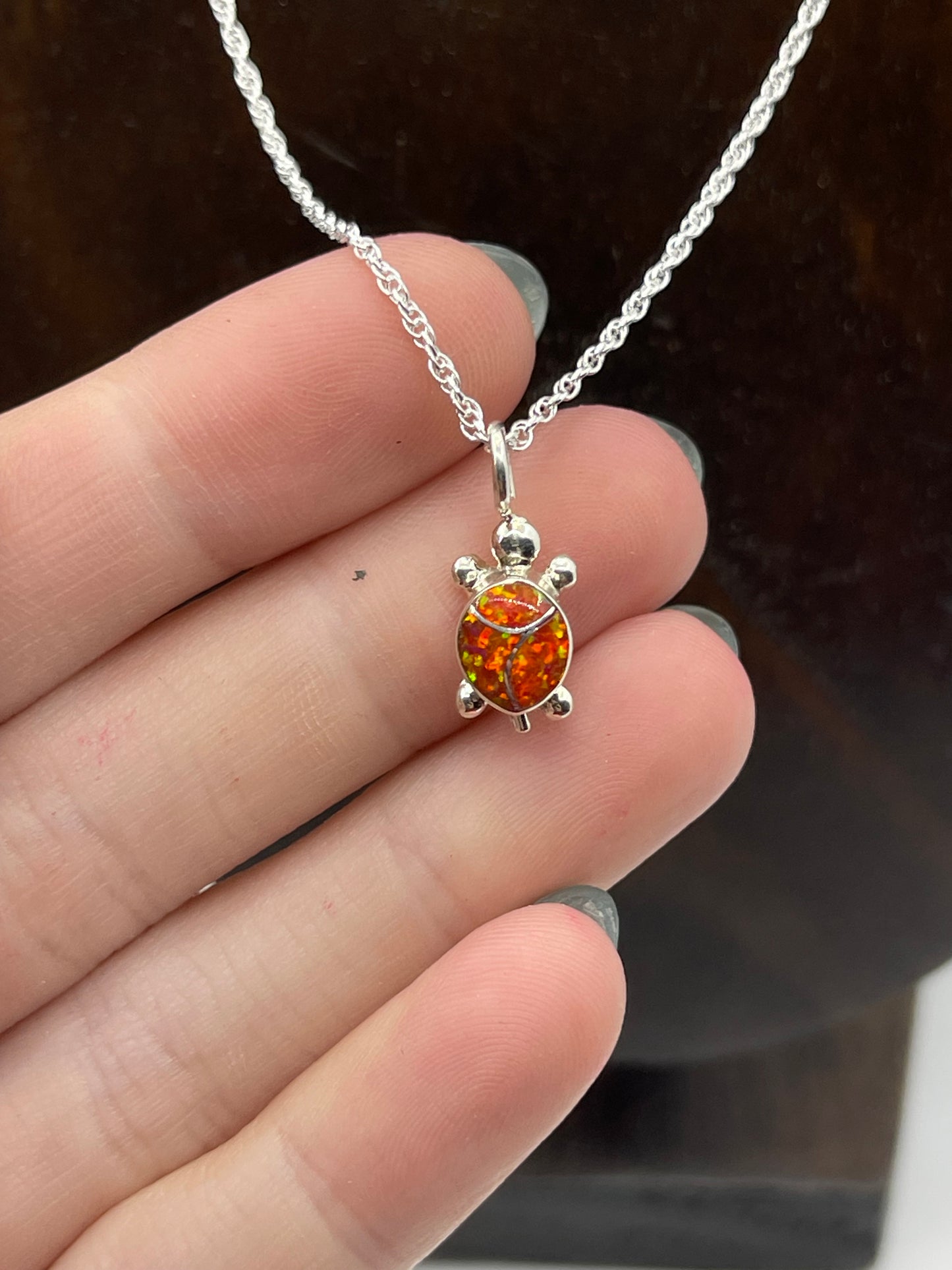 18" Orange Opal Inlay Turtle Necklace by Verona Yatsatie, Zuni