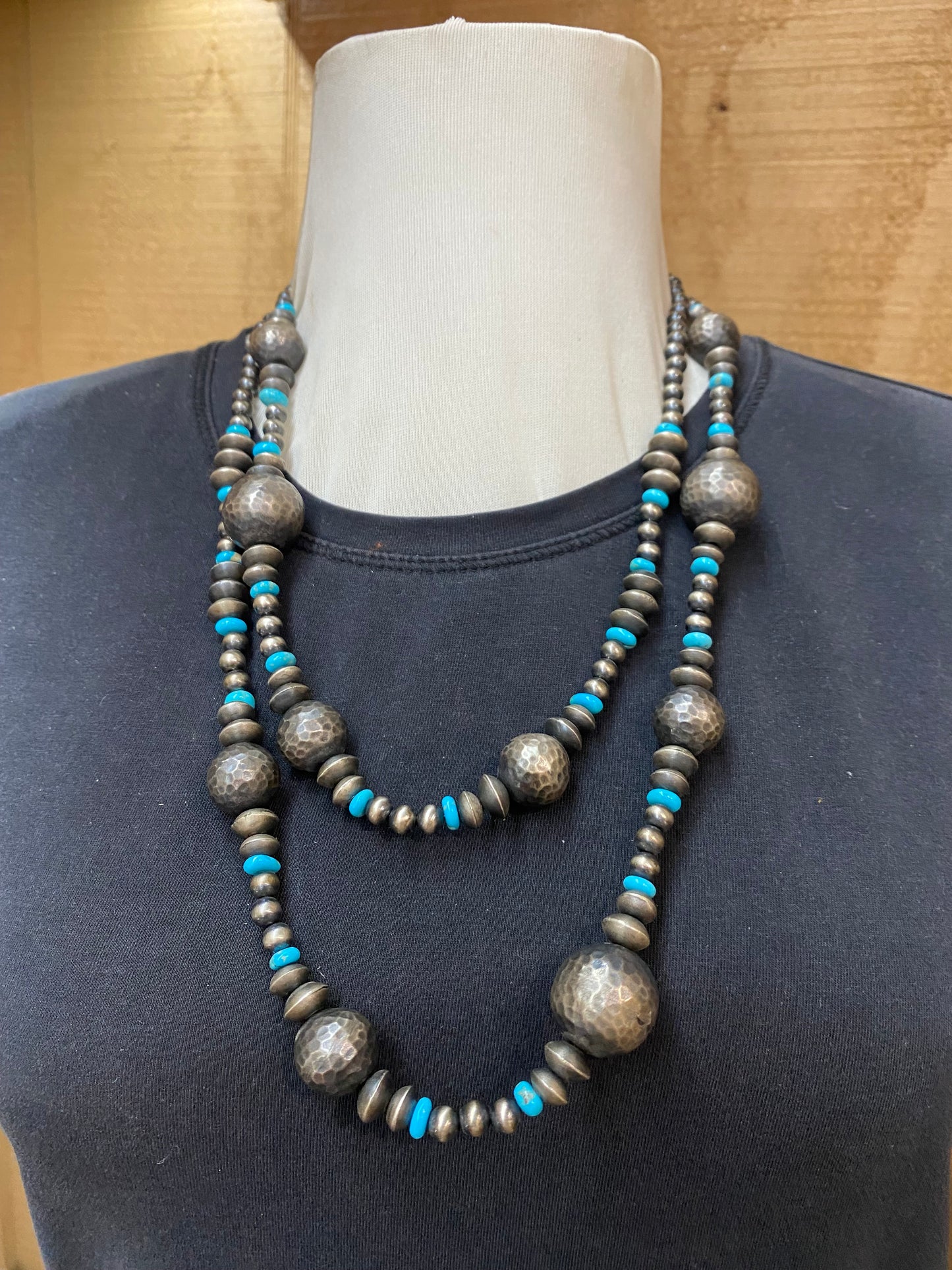 50" Strand of 6mm Handmade Navajo Pearls, Handmade Textured Sterling Silver Beads, Sleeping Beauty Turquoise Beads, 8mm and 10mm Navajo Saucers