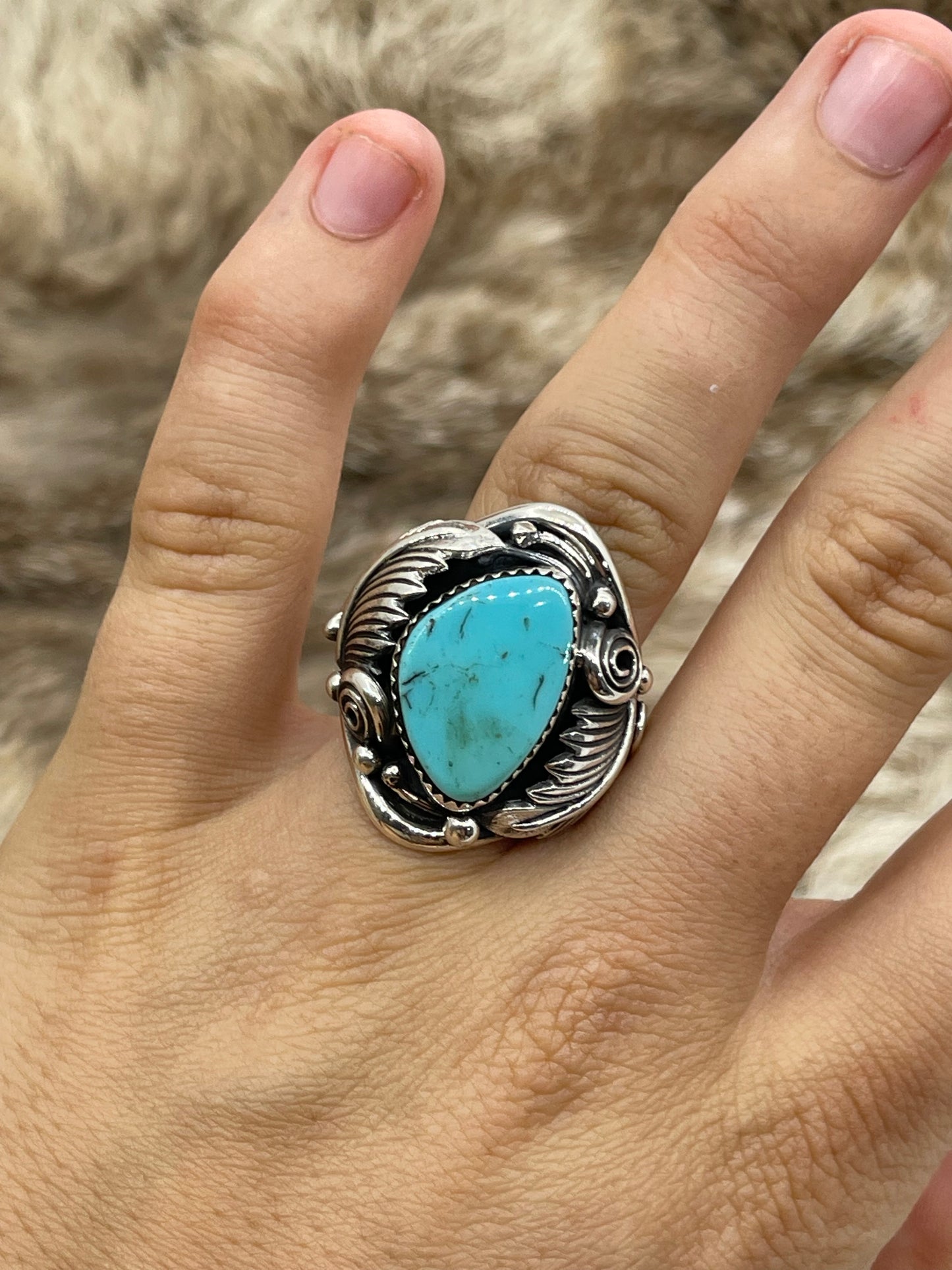 11.0 Turquoise Ring with Feather by Darrell Morgan, Navajo