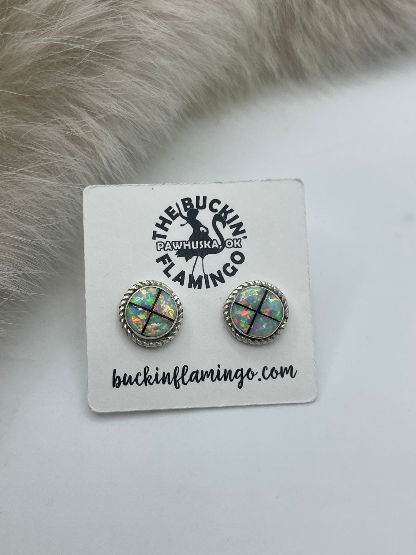 White Opal & Onyx Inlay Center Post Earrings by Carey Luarkie, Zuni