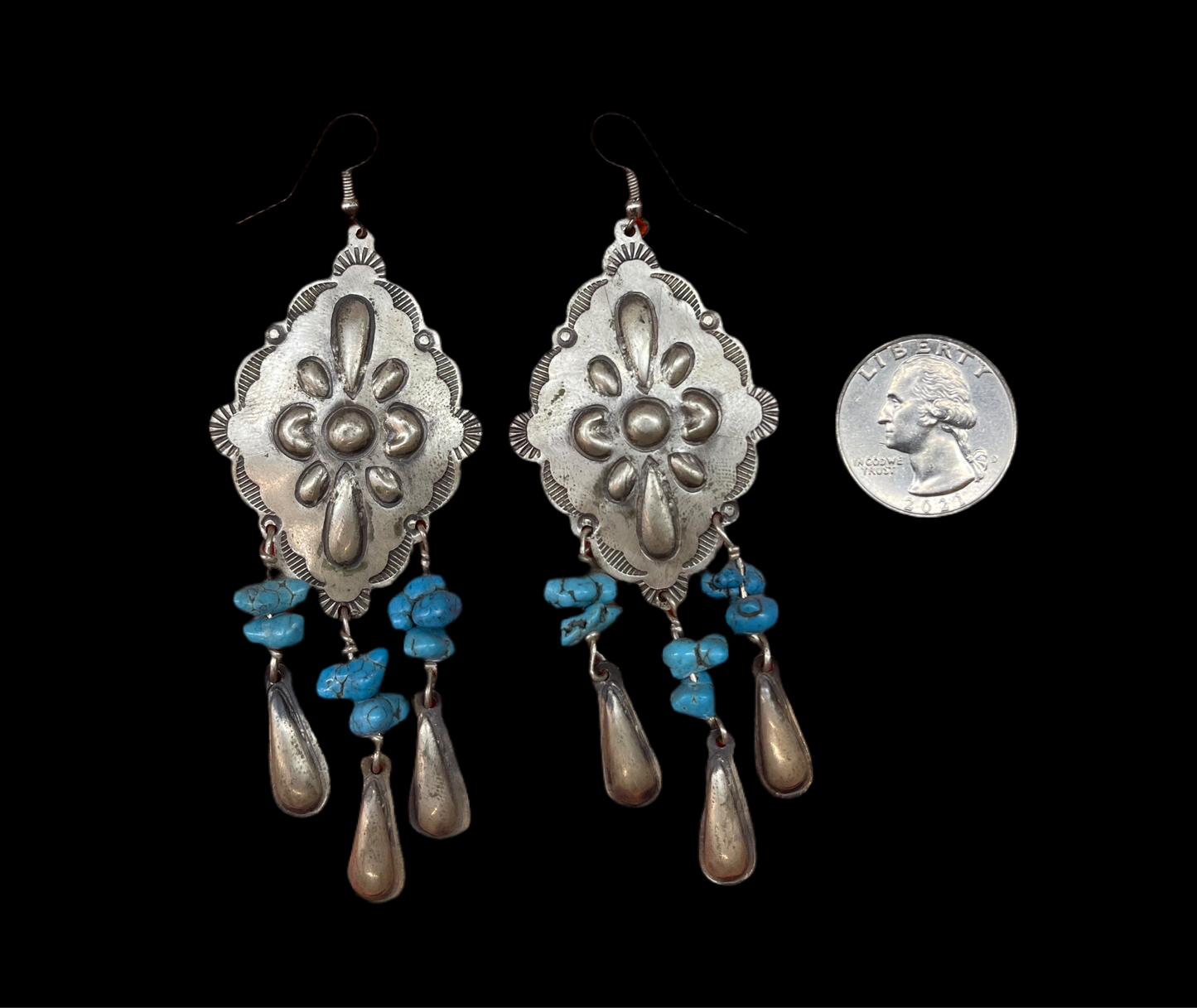 Kingman Turquoise Nugget Stamped Concho Dangle Earrings