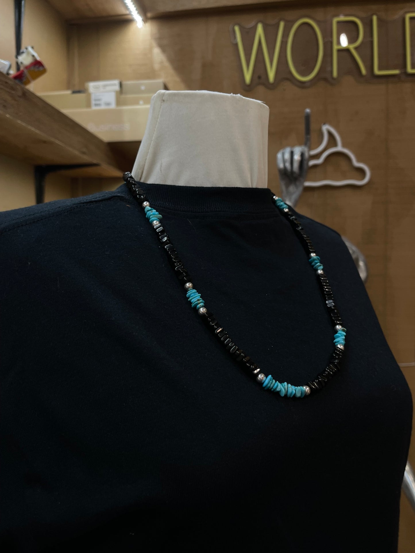 24" Black Onyx and Turquoise Nugget Necklace