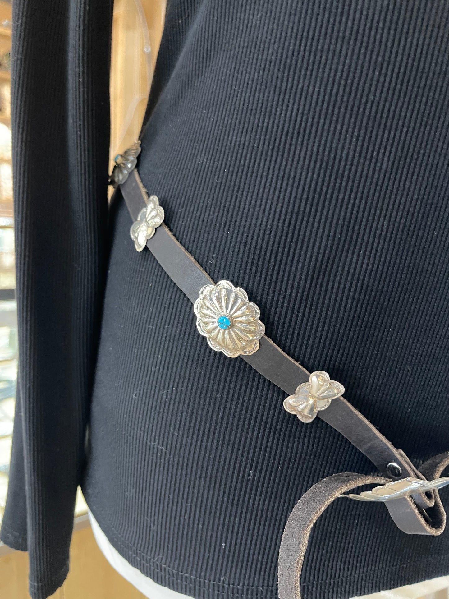 50" Dainty Concho Leather Belt with Turquoise Stones by Joan Begay, Navajo