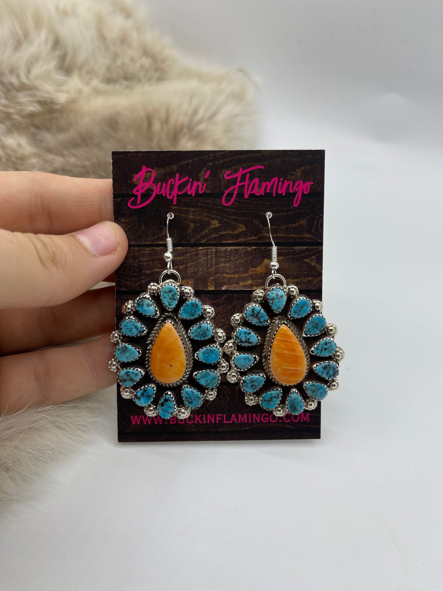 18" Spiny Oyster & Turquoise Cluster Necklace & Earring Set by Darlene Begay, Navajo