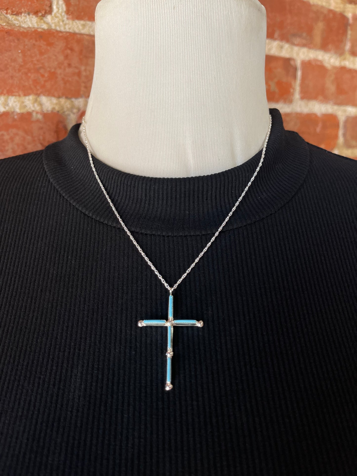 18" Zuni Needlepoint Turquoise Cross Necklace by Ashley Laate, Zuni