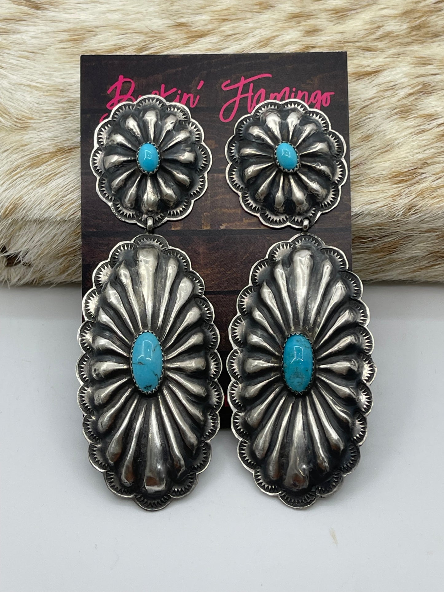 Large Double Concho Post Dangle Earrings with Turquoise by Rita Lee, Navajo