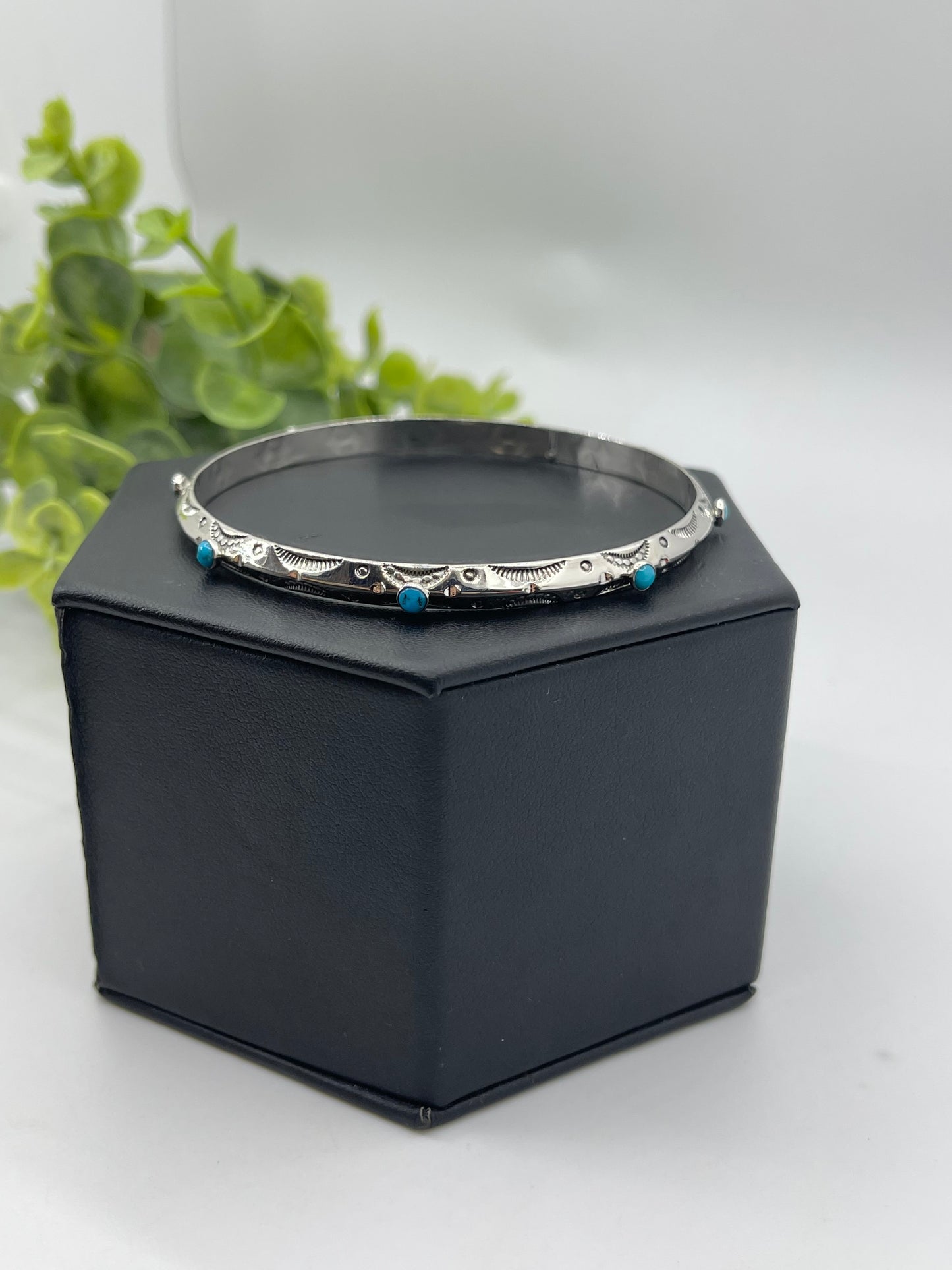 8" Stamped Triangle Wire Bandle with Turquoise by Phyllis A. Smith, Navajo