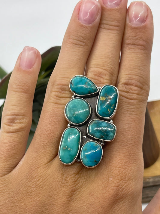 Adjustable 6 Stone Turquoise Ring with Stamped Band