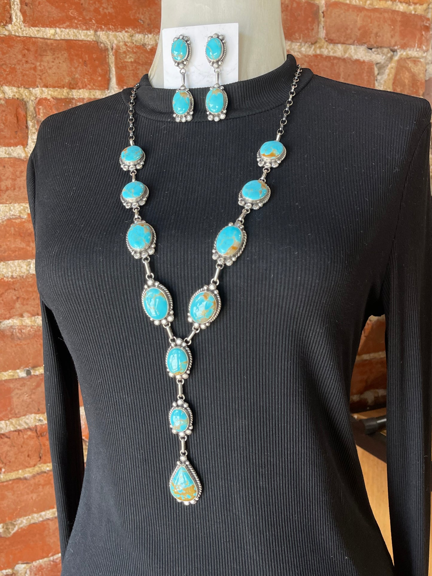 Kingman Turquoise Lariat and Earrings by Elouise Kee, Navajo 30" + 4.5" Drop