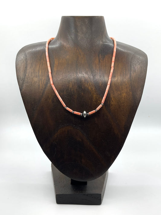 17" Pink Coral & Navajo Style Pearls Necklace