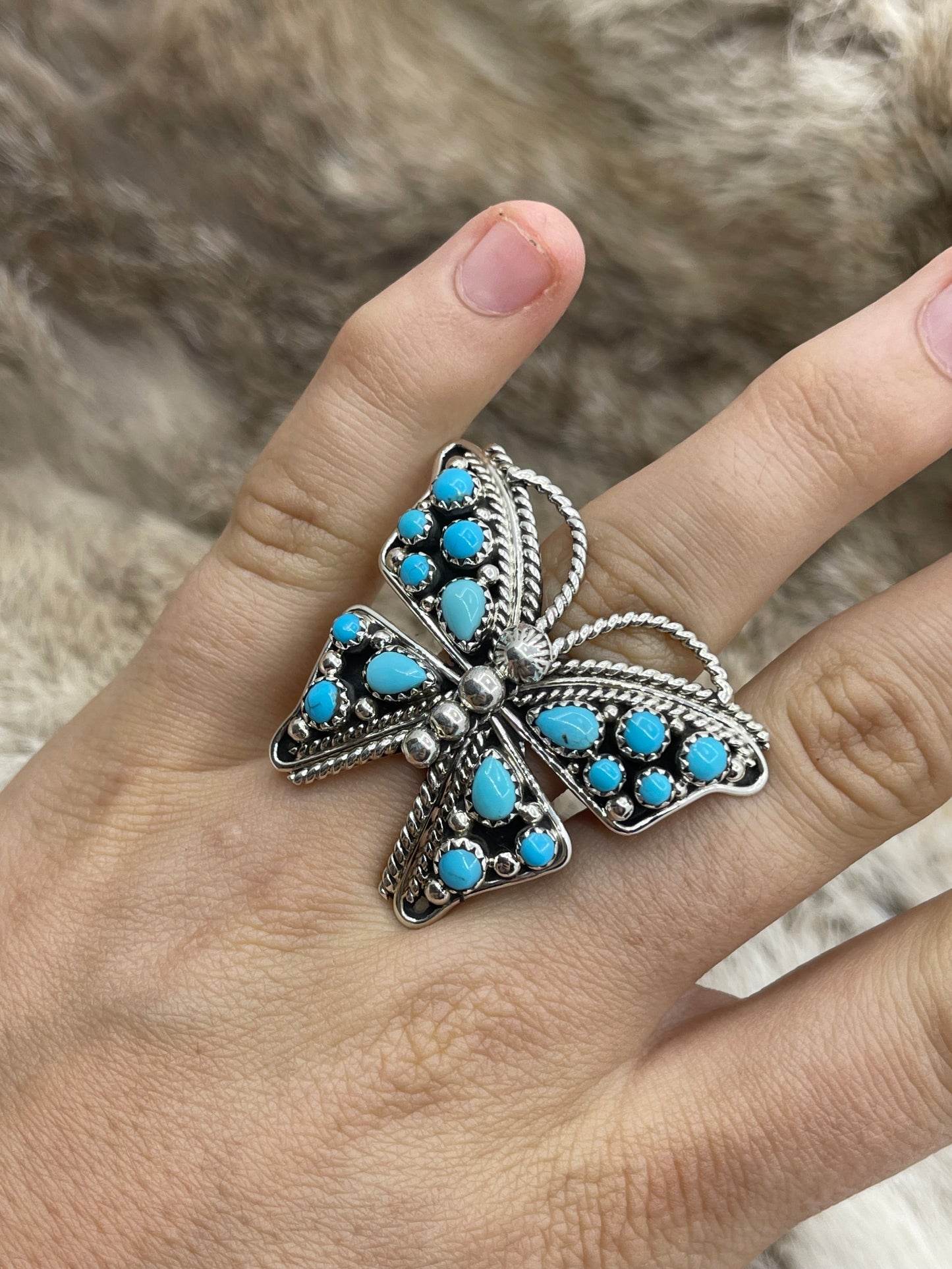 Adjustable 7.0 - 9.0 Turquoise Butterfly Ring by Tina Jones, Navajo