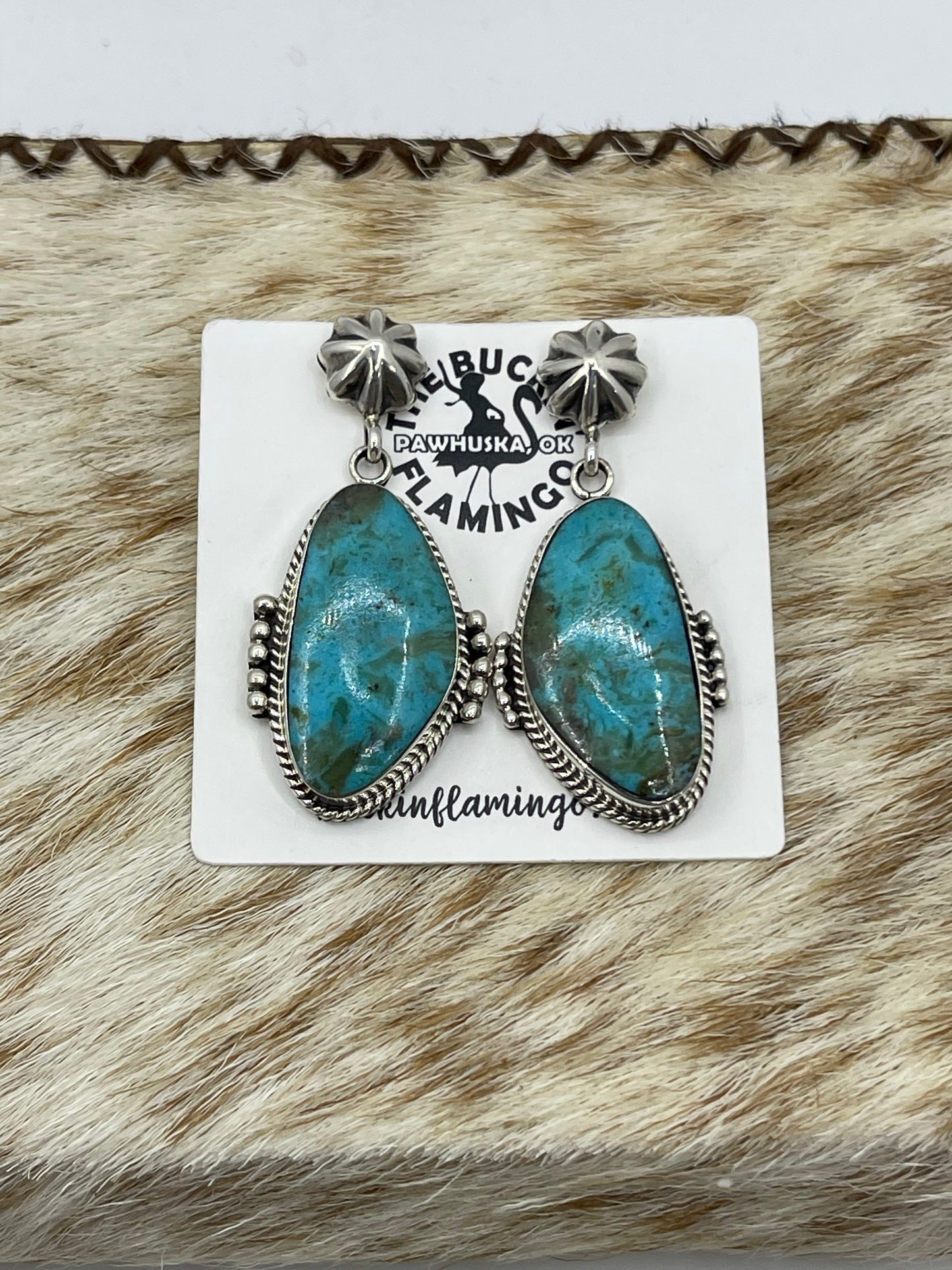 Kingman Turquoise Star Post Dangle Earrings by Raymond Yazzie, Navajo