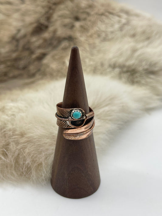 Copper Adjustable Feather Ring with Turquoise by Aaron Davis, Navajo