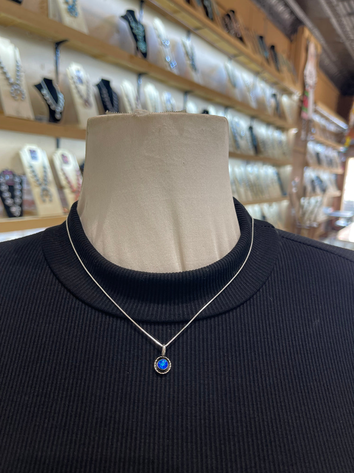 18" 3.8mm Bail Tiny Blue Opal Circle Pendant Necklace by Carina Leekity, Zuni