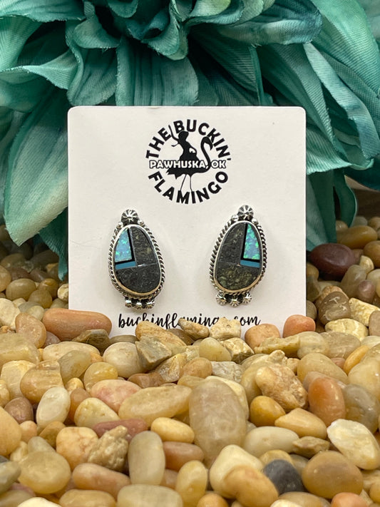 White Buffalo & Opal Inlay Earrings by James Manygoats, Navajo