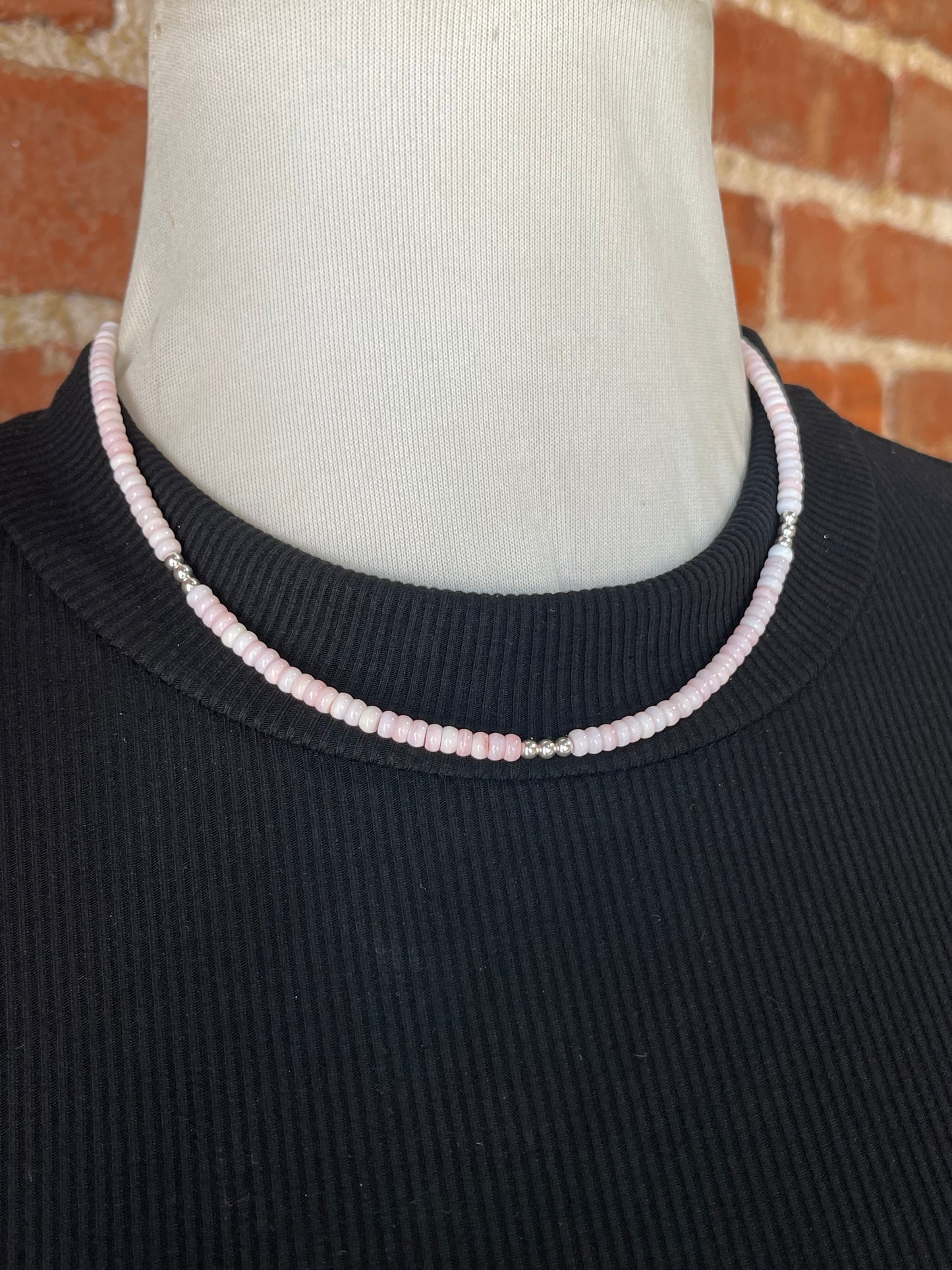 17" Pink Conch Shell and Silver Beaded Necklace by Tammy Nolcott, Navajo